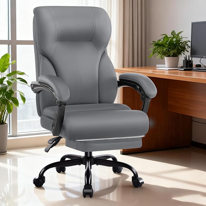 Executive Office Chair,High Back Ergonomic Comfy Desk Chair with Footrest and Padded Linkage Armrests,PU Leather Heavy Duty Computer Swivel Rolling Task Chair for Home Office,Adults,Gray