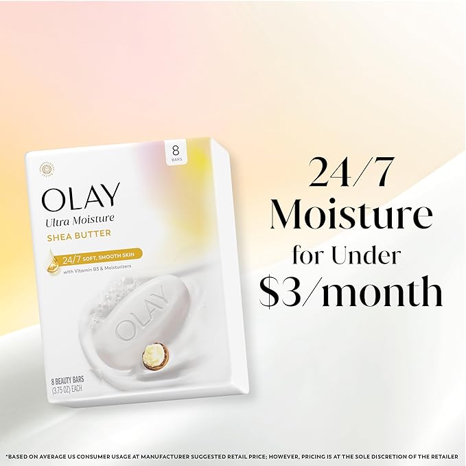 Olay Beauty Bar, Ultra Moisture,10x More Moisturizers, 24/7 Soft & Smooth Skin, Gentle Cleanse on Face & Body, Vitamin B3 Complex, For All Skin Types, Shea Butter Scent, 3.75 oz, (Pack of 8)