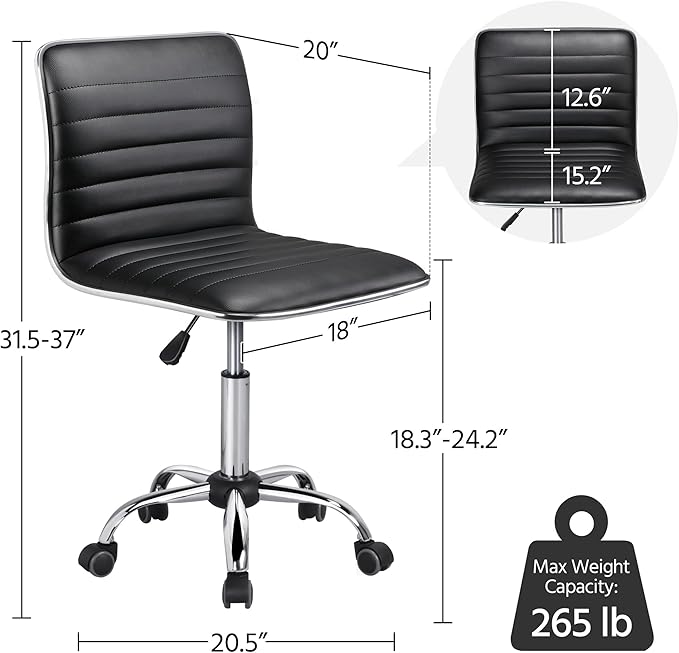 Yaheetech Adjustable Task Chair PU Leather Low Back Ribbed Armless Swivel Black Desk Chair Office Chair Wheels
