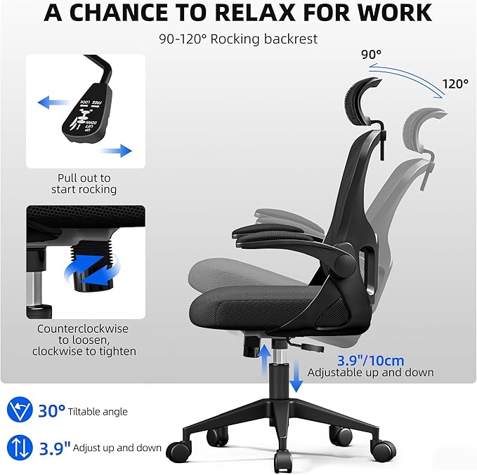 Ergonomic Office Chair, Mesh Desk Chair with Adjustable Headrest & Lumbar Support, Rolling Computer Chair with Flip-up Armrests, Comfy Swivel Home Office Chair for Long Hours (1, Light Black)