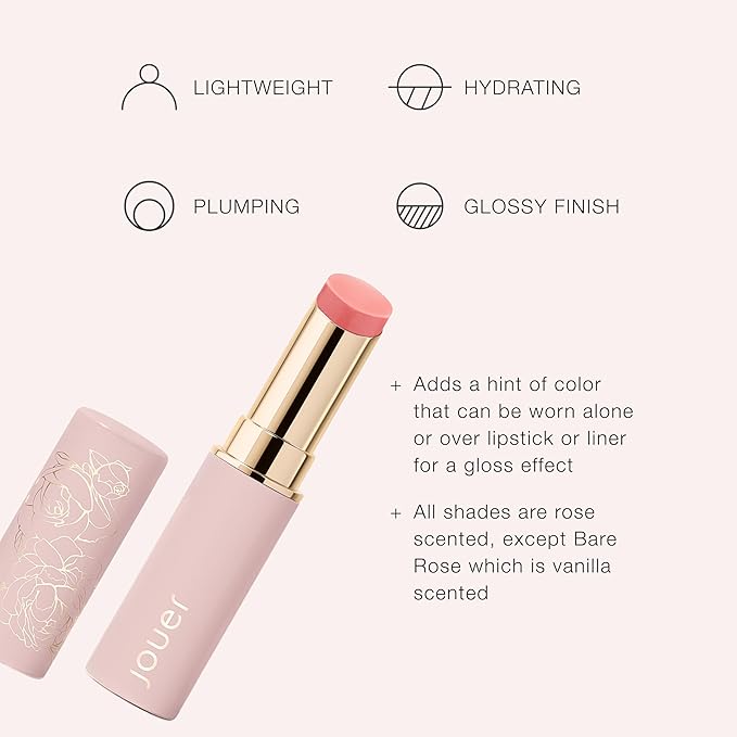 Jouer Essential Lip Enhancer Shine Balm - Enhancing Tinted Lip Balm - Moisturize, Plump, & Nourishing Lip Care - Jojoba Seed Oil and Maxi Lip Formula for Moisturizing and Fullness, Rose