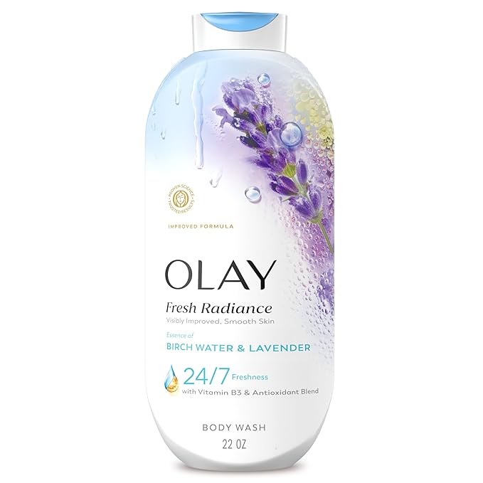 Olay Body Wash for Women, Fresh Radiance, 24/7 Skin-Loving Freshness, Visibly Radiant, Plant Based Cleansers, Vitamin B3 & Antioxidant Blend, For All Skin Types, Birch Water & Lavender Scent, 22 fl oz