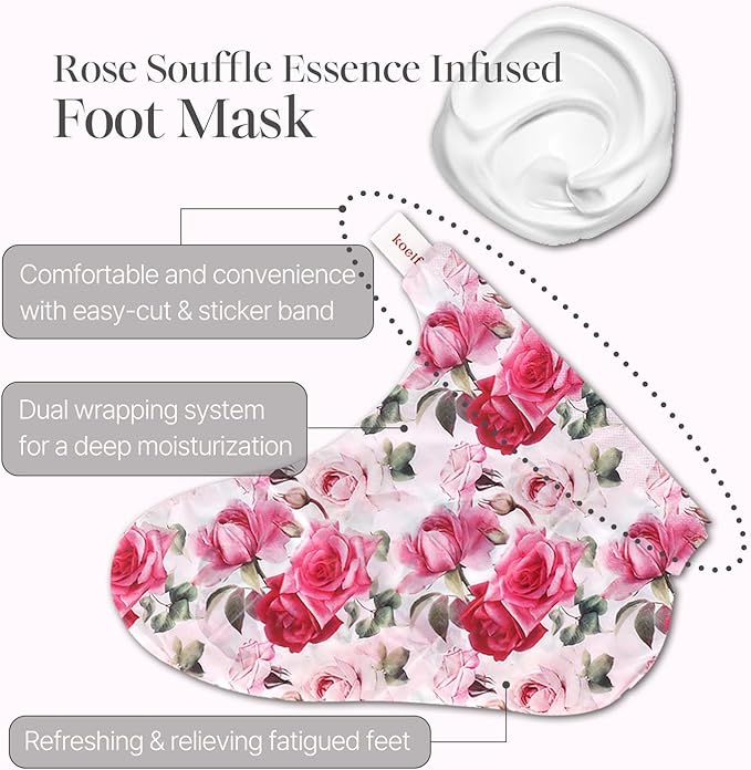 koelf Rose Petal Satin Foot Mask (5pairs) - Korean Skin Care, Intensive Nourishing Socks, Rose Scented Foot Repair Masks with Peptide, Collagen, Shea Butter, Urea for Smooth Feet, Foot Treatment