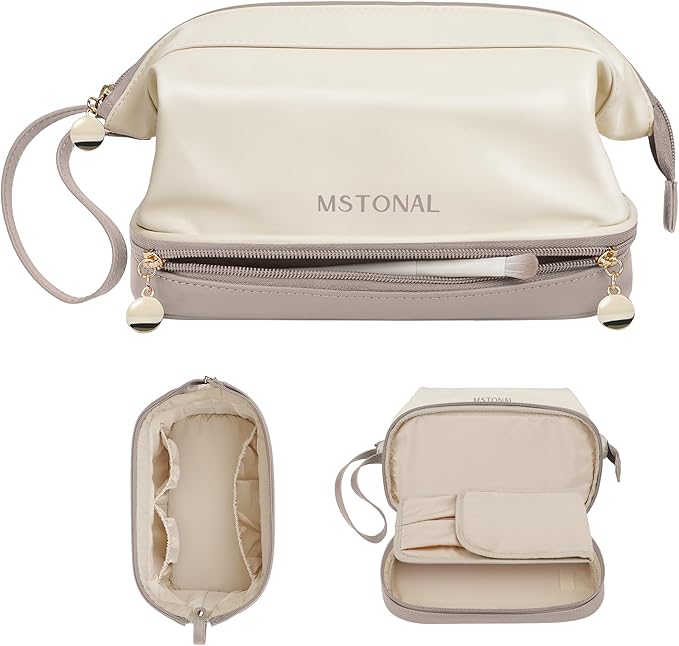 Travel Makeup Bag, Large Capacity Double Layer Cosmetic Bags for Women, Waterproof Portable Make Up Skincare Pouch with Makeup Brush Organizer, Toiletry Bag for Essentials, Beige & Sand