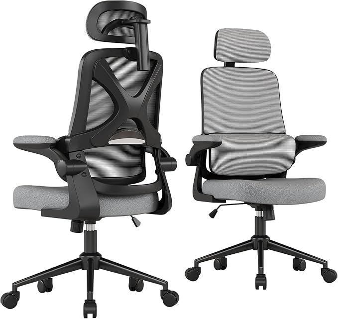 Ergonomic Office Chair - Desk Chair with Adjustable Headrest Lumbar Support Computer Chair - Mesh Comfy Chair with Flip-up Armrests - Gaming Chairs for Adults Home Office 330 LBS (Black+Gray)