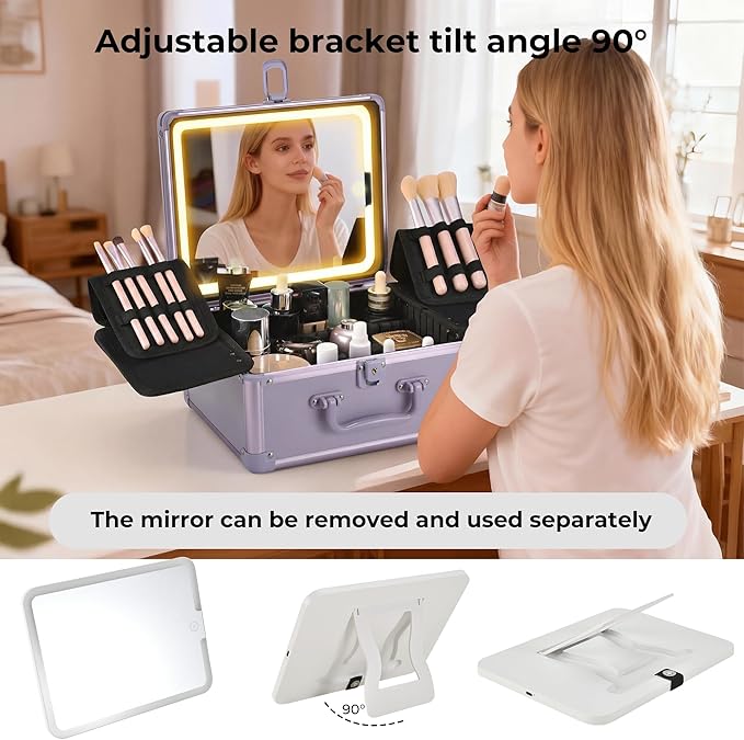 Makeup Case with Lighted Mirror, Makeup Box Organizer with Detachable LED Mirror, Travel Makeup Train Case, Waterproof Cosmetic Organizer, Standing Brush Holder, Gift, Purple
