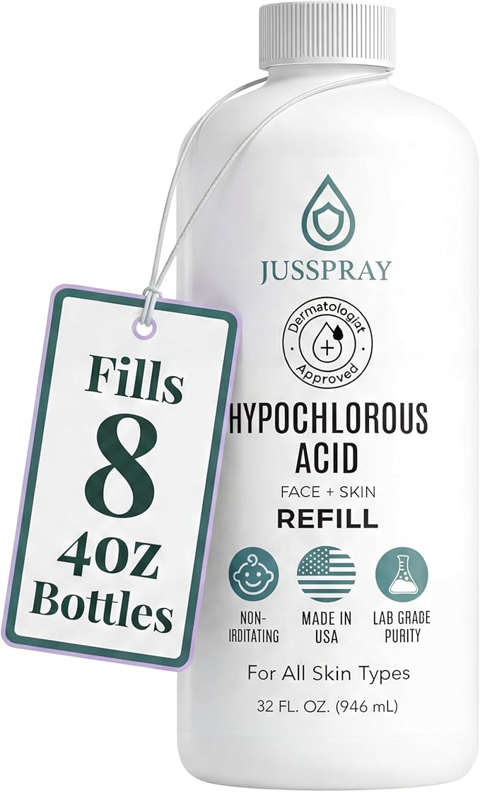 Jusspray™ Hypochlorous Acid Spray for Face and Skin | HOCI Facial Cleanser Mist | 32oz Refill Hypochlorous Acid for Face, Skin, Acne, Eczema, Body Acne Sprays, Piercing Aftercare, Wound Solution