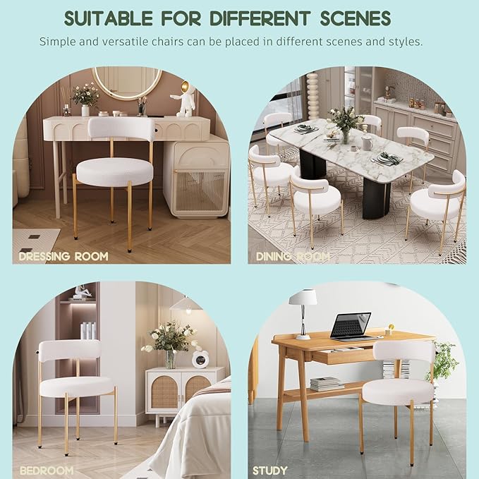 Desk Chair No Wheels Comfy Accent Chair for Living Dining Room Bedroom Home Office Mid Century Modern Upholstered Armless with Metal Legs (Gold Frame+White, 1)