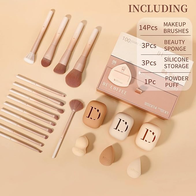 DUcare 21pcs Makeup Gift Set,with 14Pcs Makeup Brush set 3pcs Makeup Sponges 3pcs Sponge Holder 1pc Powder Puff for Foundation Blending Powder Blush Eyeshadows