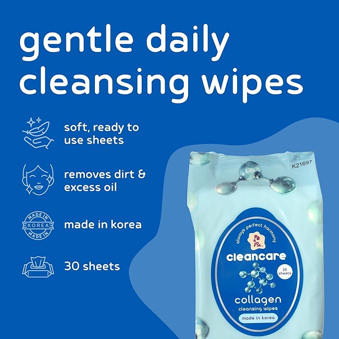 PB & JAY Cleancare Cleansing Wipes – 30 Count – Makeup Remover for Smooth, Supple Skin – Hydrating Korean Face Wipes for Sensitive Skin (Collagen)