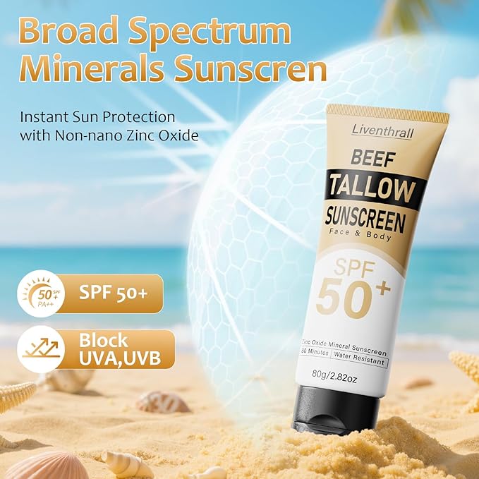 Mineral Sunscreen with Non-Toxic Zinc Oxide SPF 50, Organic Natural Beef Tallow Sunblock with Honey Beeswax, Non Greasy Formula for Face, Body and Skin - Women and Men, 2.82 oz (80g)