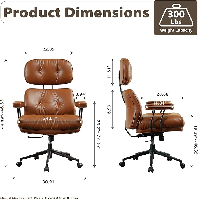 HOOOWOOO Ergonomic Office Chair,Mid Century Modern Computer Desk Chair,Comfy Executive Chair with Extra Wide Tufted Cloudy Seat Lumbar Support High Reclining Back,PU Leather Brown