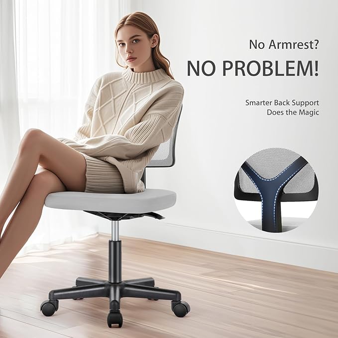 NEWBULIG Home Office Desk Chair, Armless Ergonomic Swivel Computer Chair with Wheels, Adjustable Height and Low-Back Mesh Design, Rolling Chair with Lumbar Support and Comfortable Seat, Grey