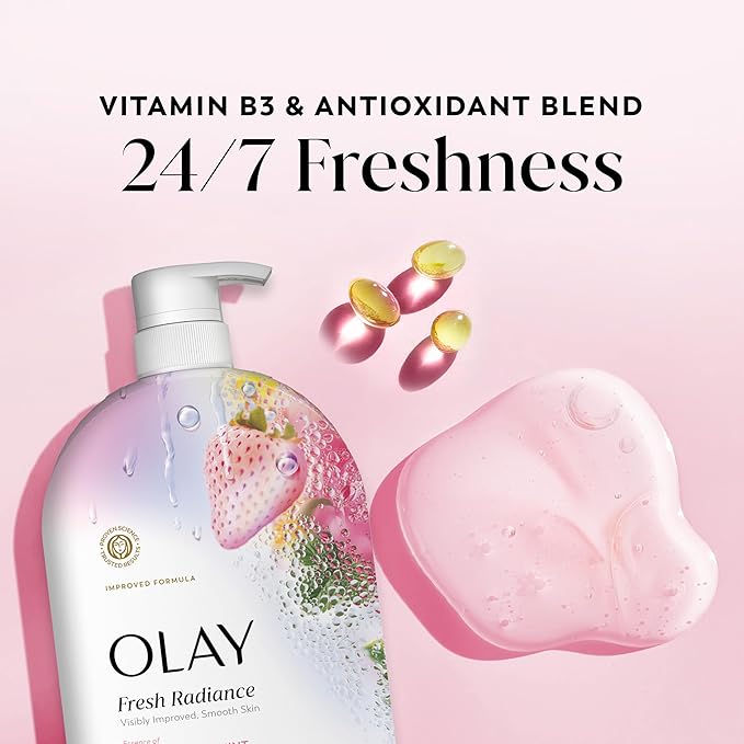 Olay Body Wash for Women, Fresh Radiance, 24/7 Skin-Loving Freshness, Visibly Radiant, Plant Based Cleansers, Vitamin B3 & Antioxidant Blend, For All Skin Types, Strawberry & Mint Scent, 35 fl oz