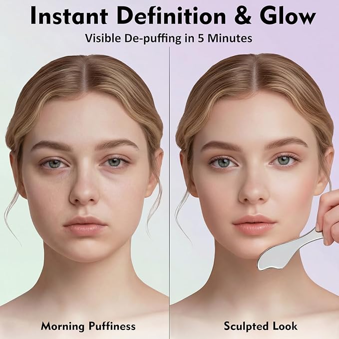 3-in-1 Stainless Steel Face Roller & Gua Sha Set – Cooling Facial Massager Tools for Sculpting, De-Puffing & Jawline Definition
