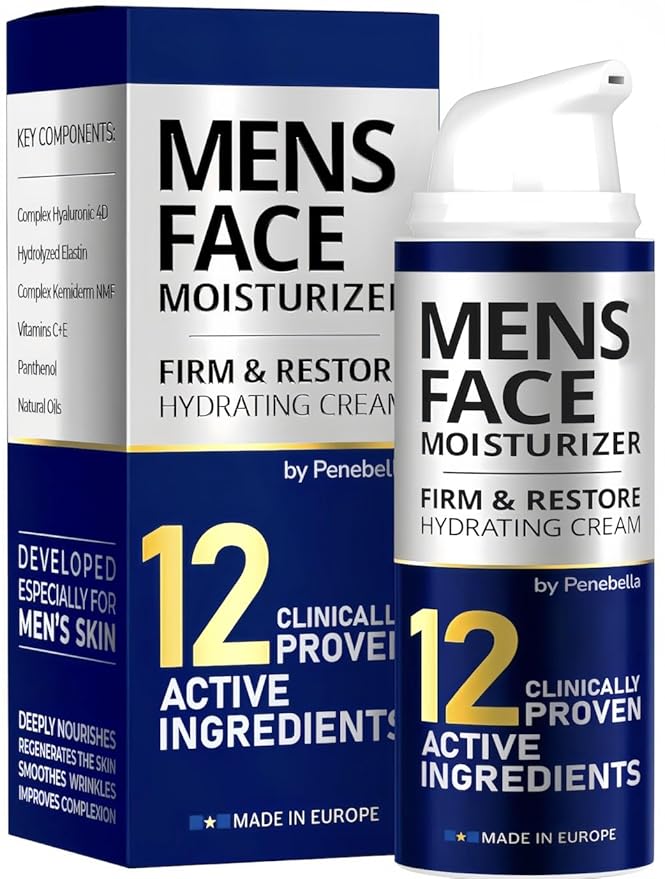 Mens Face Moisturizer - Deep Hydrating & Anti Aging Mens Lotion | Made in Europe | Vitamin C+E, Elastin, Hyaluronic 4D - Face Cream for Daily Use - Eye, Face & Neck Skin Care