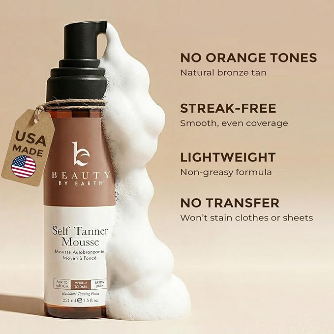 Self Tanner Mousse - USA Made with Natural & Organic Ingredients, Self Tanning Mousse for Dark Fake Tan, Sunless Tanner, Clear & Non Toxic Tanning Foam for Streak Free Finish & Natural Glow