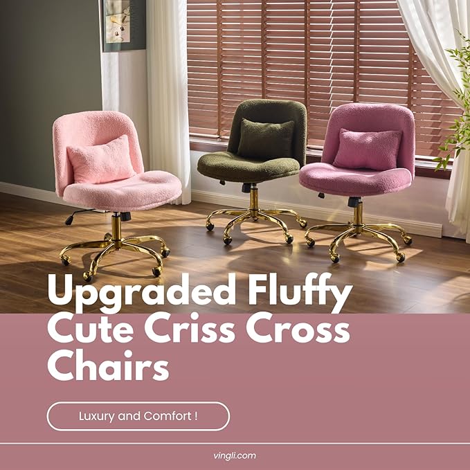 VINGLI Wide Criss Cross Legged Office Chair,Buttprint Ergonomic Desk Chair Comfy with Pillow&Gold Base,Dual-Use with/no Wheels,Adjustable Vanity Swivel Chair for Bedroom,Home Office,Teddy Plush,Purple