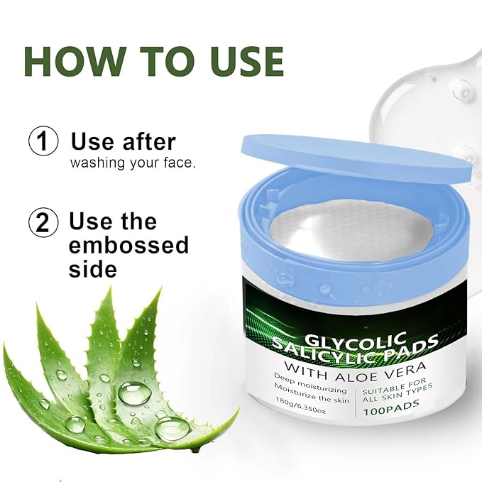 Glycolic Acid & Salicylic Acid Pads – Soft and Smooth Face Exfoliating Toner Pads with Aloe Vera – Hydrating Daily Use Pads for Sensitive Skin, 100 Count (2 Pcs)