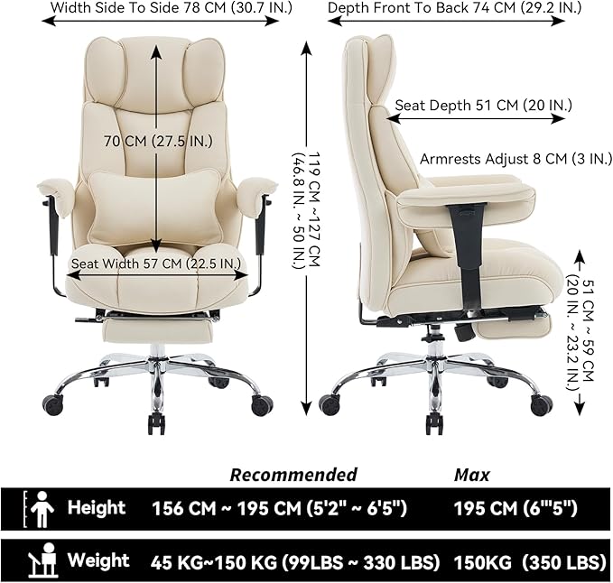 Efomao Big and Tall Office Chair with Footrest - Breathable Mesh Executive Chair, Heavy Duty Computer Desk Chair for Home Office, Ergonomic Lumbar Support & Reclining Mesh Gaming Chair, Beige