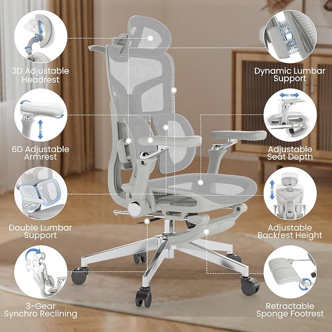 MOJAY Ergonomic Office Chair with Footrest, Big and Tall Desk Chair with Lumbar Support, High Back Home Desk Chair for Long Desk Work, Swivel Rolling Computer Seating with 6D Armrest for Home Office