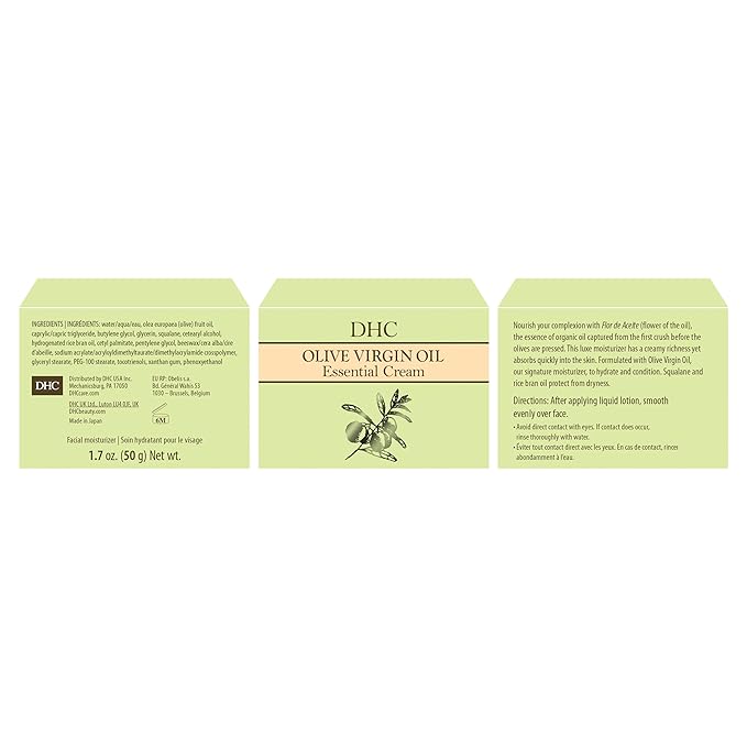 DHC Olive Virgin Oil Essential Cream, Moisturizer, Hydrating, Promotes Skin Elasticity, Radiant, Fragrance and Colorant Free, Ideal for All Skin Types, 1.7 oz. Net wt.