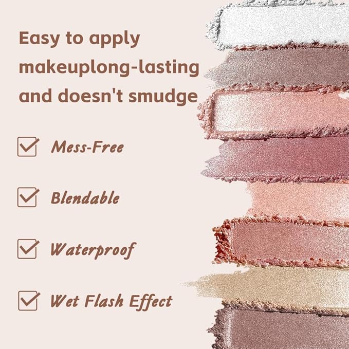 Baked Shimmer Makeup Palette, 8-Color Neutral Champagne Rose Gold Eyeshadow & Highlight Palette – High Pigment Soft Glow, No Fallout, Long-Lasting Eye Makeup for Everyday & Glam Looks 1#