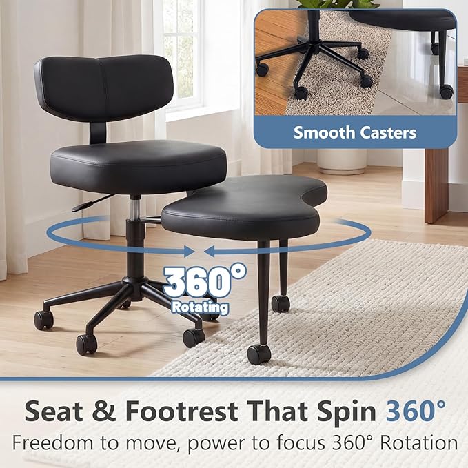 DUMOS Ergonomic ADHD Cross Legged Office Desk Chair with Adjustable Backrest, Height Adjustable Meditation Chair with 360° Swivel Footstool, PU Leather Yoga Stool for Home Office, Black