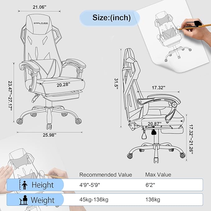 GTPLAYER Gaming Chair, Computer Chair with Mesh Back, Ergonomic Gaming Chair with Footrest, Reclining Gamer Chair with Adjustable Headrest and Lumbar Support for Gaming and Office (Black)