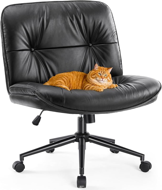 Sweetcrispy Criss Cross Chair with Wheels, Wide Seat PU Leather Armless Office Desk Vanity Chair, Comfortable Adjustable Swivel Computer Task Chairs for Bedroom, Small Space Make Up, Black