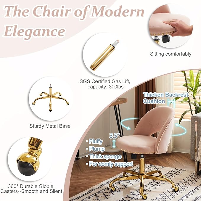 VINGLI Modern Velvet Small Office Chair,Cute Desk Chair with Wheels,Gold Base/Studs, Comfy Armless Swivel Vanity Task Chair for Women/Girl/Kids, Nail Tech Chair for Bedroom,Small Space,Pink