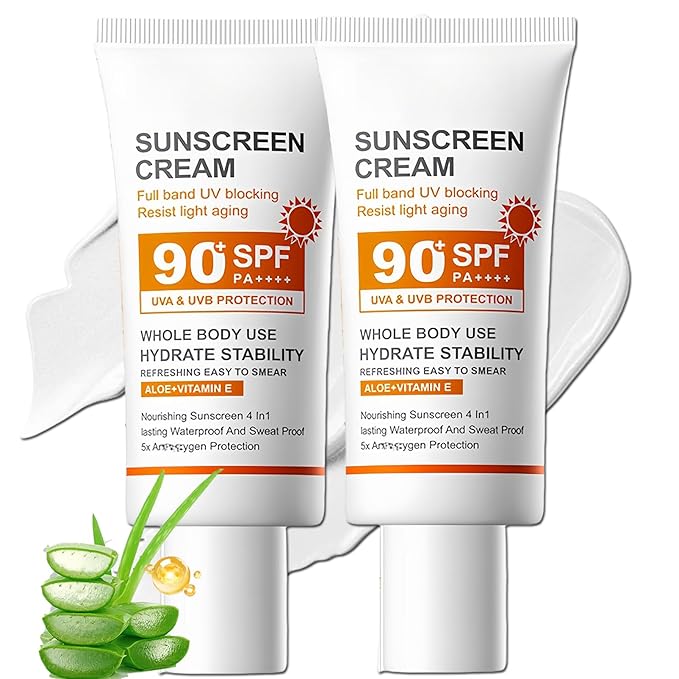 SPF 90+ Sunscreen Cream 2 Pack, Broad Spectrum UVA/UVB Protection Face & Body Sun Lotion with Aloe Vera & Vitamin E, Lightweight, Non-Greasy, Water & Sweat Resistant Daily Sun Defense