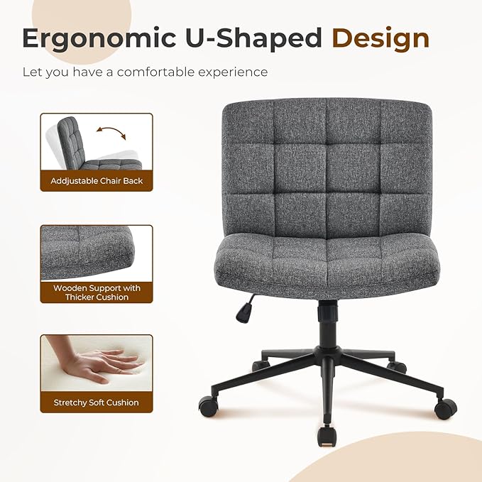 Furnimart Criss Cross Desk Char Wide Seat with Wheels, 360° Swivel Cross Legged Desk Chair Thick Cushion, Comfy Armless Home Office Chair for Bedroom, Vanity, Sturdy (Linen Gray)