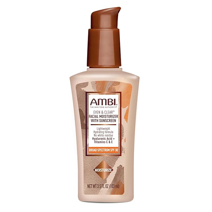 AMBI Even & Clear Facial Moisturizer SPF 30, Daily Face Lotion for Uneven Skin Tone, Hyaluronic Acid, Vitamins C & E, Lightweight Sunscreen, No White Cast, For All Skin Types, 3.5 Fl Oz