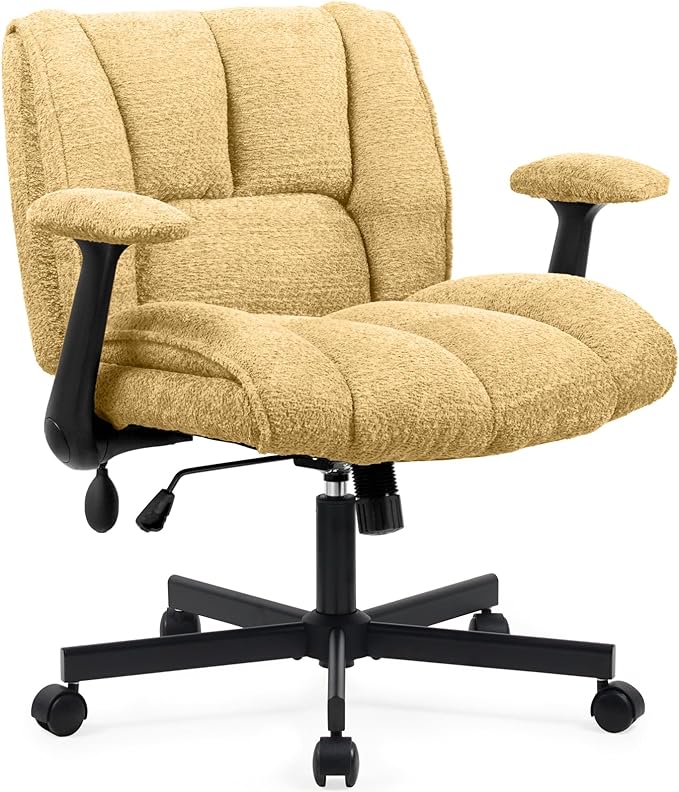 Criss Cross Legged Office Chair with Flip-Up Arms and Wheels, Wide Seat Desk Chair with Built-In Dynamic Airbag Lumbar Support, Modern Cross-Leg Chair for Home Office, Apartment, Vanity, Yellow