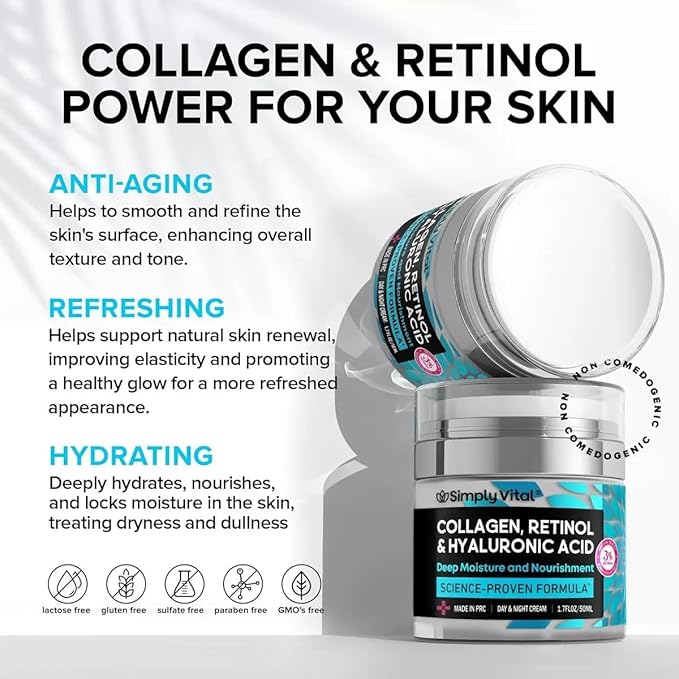 stem cell serum for face with retinol Anti-Aging Moisturizer Cream with Collagen, Retinol & Hyaluronic Acid - Skin Firming Care for Face, Neck & Décolleté Daily Use Day & Night Cream - 1.7 fl.oz.