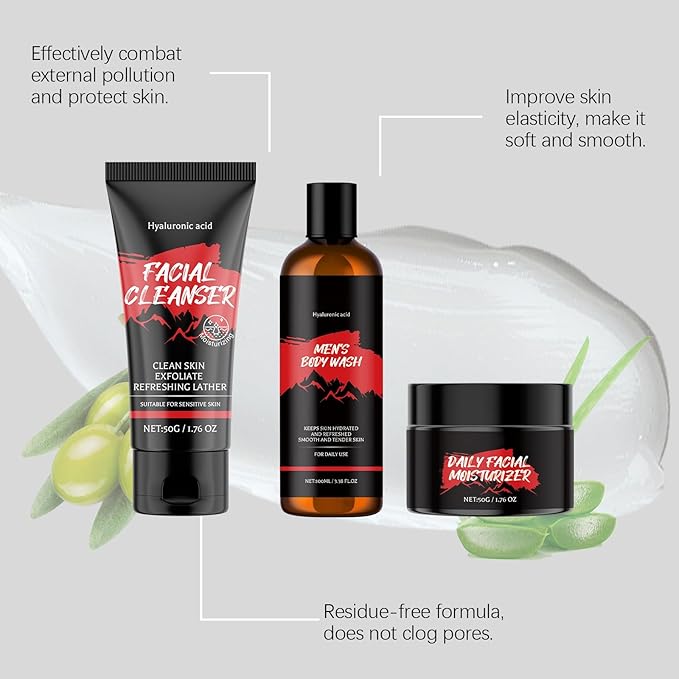 Bath and Skin Care Gift Set for Men, 3 Pieces Nourishing Facial and Body Care Kit Includes Face Wash, Shower Gel, Moisturizer, Valentines Fathers Day Birthday Gifts for Husband Dad Boyfriend Him