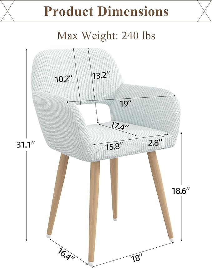 Home Office Desk Chair Set of 2, Corduroy Fabric Vanity Chair for Makeup with Hollow Backrest, Comfy Armchair Wood Frame with Strudy Metal Legs, Light Blue