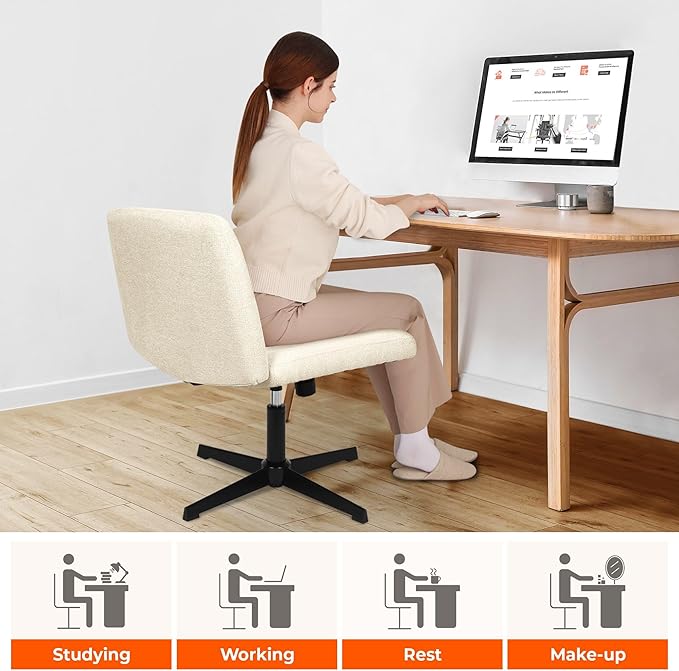 NEO Chair Criss Cross Chair No Wheels Armless Cross Legged Office Desk Wide Comfy Vanity Makeup Chair Adjustable Computer Task for Home Office Fabric (Beige)