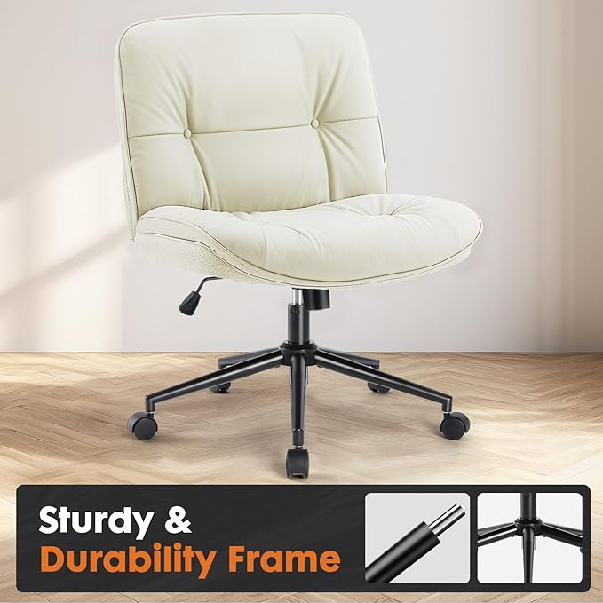 Sweetcrispy Armless-Office Desk Chair with Wheels, Cross Legged Wide Chair, PU Leather Comfortable Adjustable Swivel Computer Task Chairs for Home,Office,Make Up,Small Space,Bed Room Light Beige