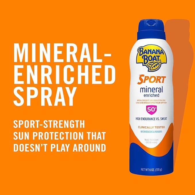 Banana Boat Sport Mineral Enriched Sunscreen Spray SPF 50, 6oz | Banana Boat Mineral Sunscreen SPF 50, Oxybenzone-Free, Sport Sunblock Spray, 6oz