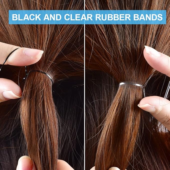 Topsy Tail Hair Tool Set by IKOCO - 400pcs Hair Bands, 2pcs Loop Styling Tools, Rat Tail Comb, (200pcs Each) Clear and Black Elastics