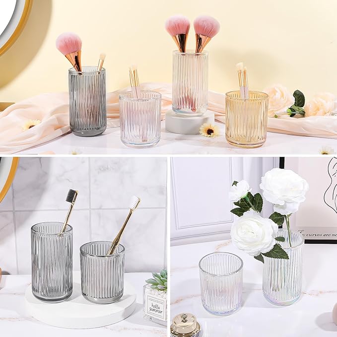 DASITON Makeup Brush Holder Organizer, Crystal Glass Makeup Brushes Storage Holder, Vintage Make Up Brush Cup for Vanity, Pen Pencil Holder for Desk, Toothbrush Holders for Bathroom (Coffee L)