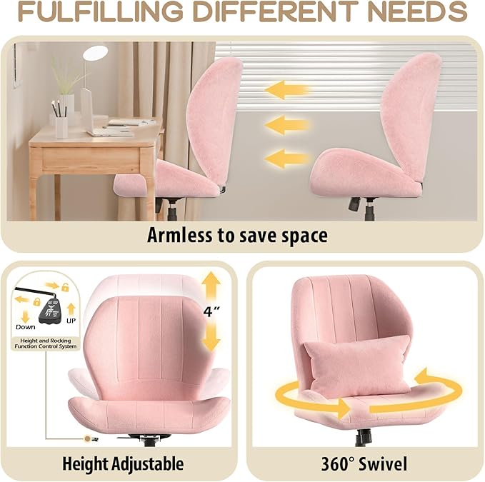 Criss Cross Chair with Wheels, Wide Cross Legged Office Chair Armless Comfy Desk Chair with Tall Back Vanity Chairs with Stress Relief Curved Design Seat for Bedroom & Office & Home Pink