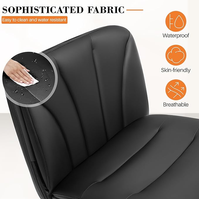 FelixKing Criss Cross Chair with Wheels, Cross Legged Office Chair, Armless Wide Vanity Desk Chair with Comfty PU Leather & Back - Swivel Height Ajustable for Home Office Bedroom, Black