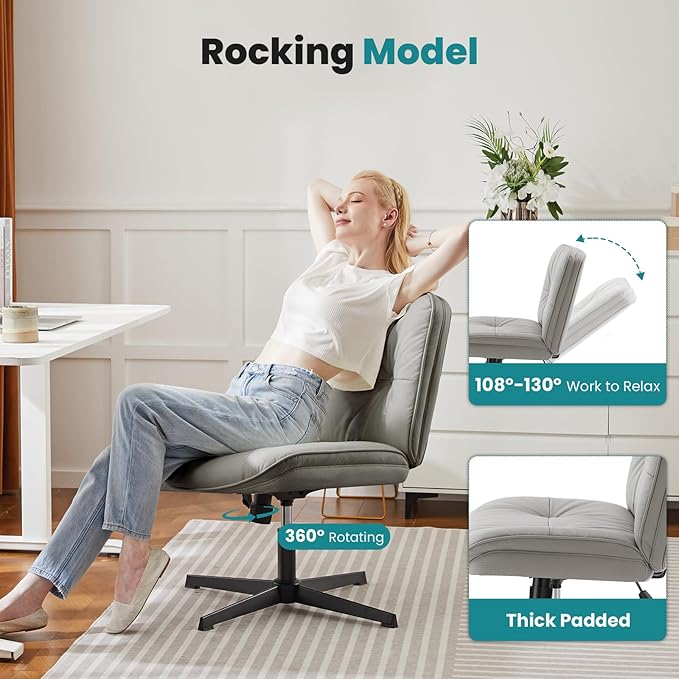 OLIXIS Criss Cross Chair Without Wheels, Cross Legged Office Chair, Armless Wide Vanity Desk Chair with Comfy PU Leather& Back - Swivel for Home Office Bedroom, Gray