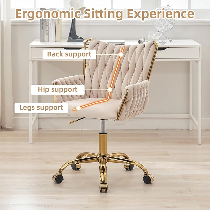 ABET Velvet Desk Chair with Wheels, Cute Upholstered Swivel Office Chair, Modern Gold Rolling Hand Woven Height Adjustable Armchair for Women Girls Home Makeup, Vanity, Nail Salon, Beige