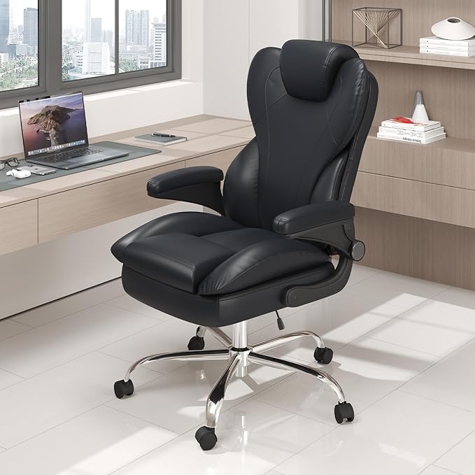 Office Desk Chair, Executive Leather Office Chair, High Back Ergonomic Home Desk Chair with Padded Flip-up Arms, Big and Tall Computer Chair with Rocking Function, 360°Swivel Free, Black