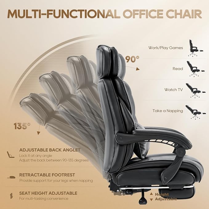 COLAMY Office Chair with Retractable Footrest, Ergonomic High Back Design Executive Computer Desk Chair with Removable Lumbar Pillow, 90-135°Reclining, Thick Bonded Leather, 2 PCs, Black