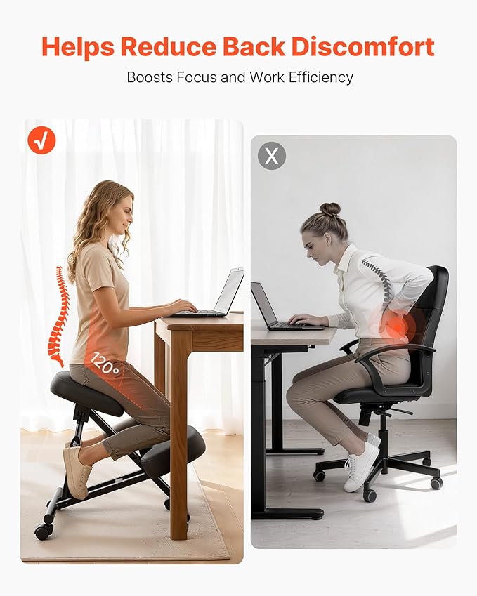 VEVOR Ergonomic Kneeling Chair with Wheels, Mobile X-Shaped Posture Knee Chair with Adjustable Height & Thick Foam Cushions, Natural Relief for Neck or Back Pain for Home, Office or Meditation, Black